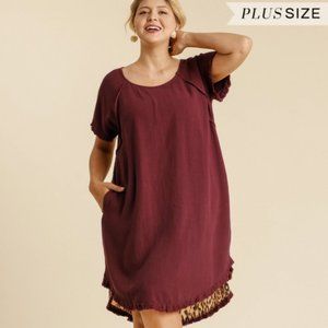 Umgee Plus Wine Animal Back Fishtail Scoop Dress